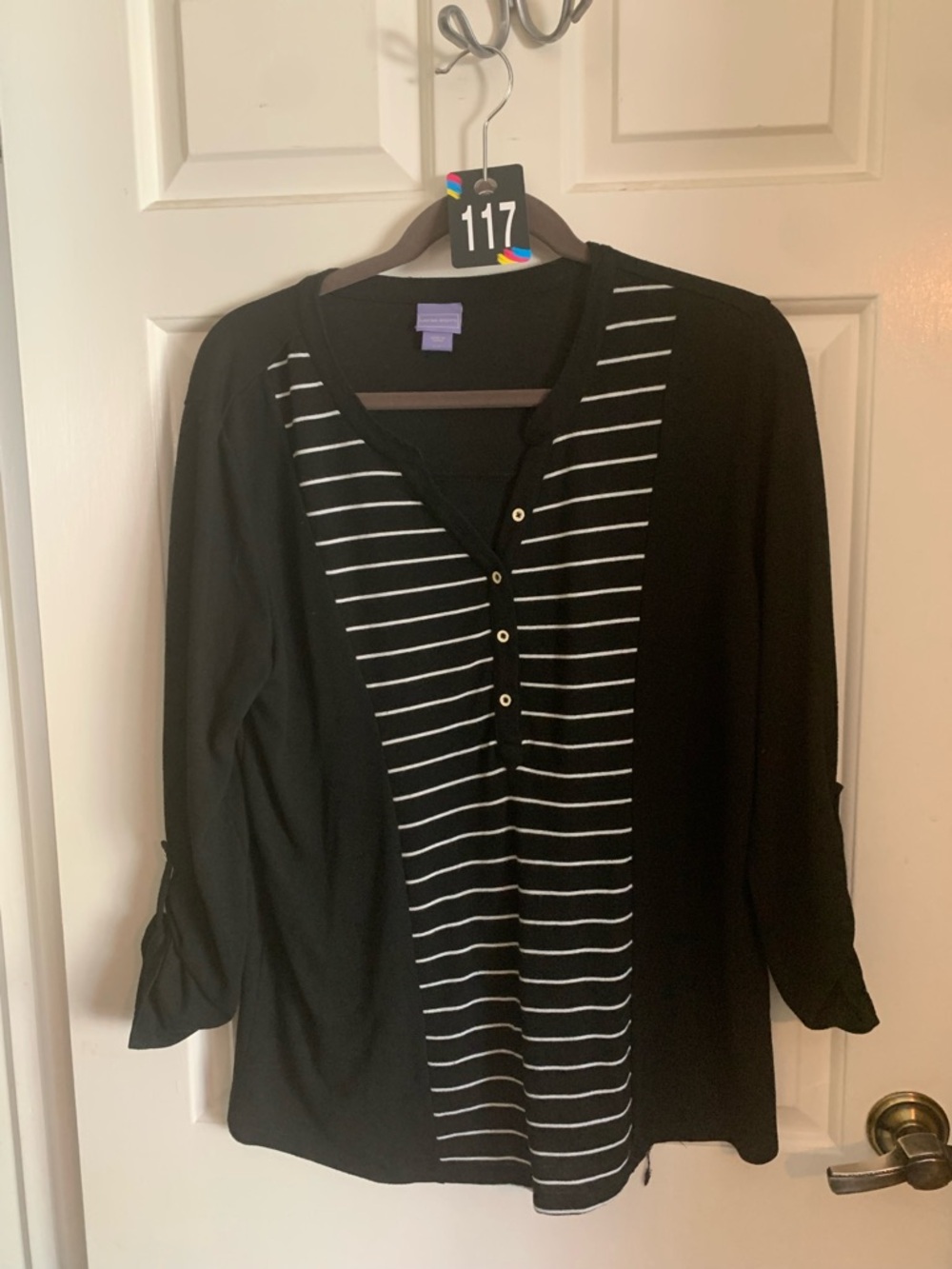 Laura Scott Black Striped Henley Women's Top - Classic Casual